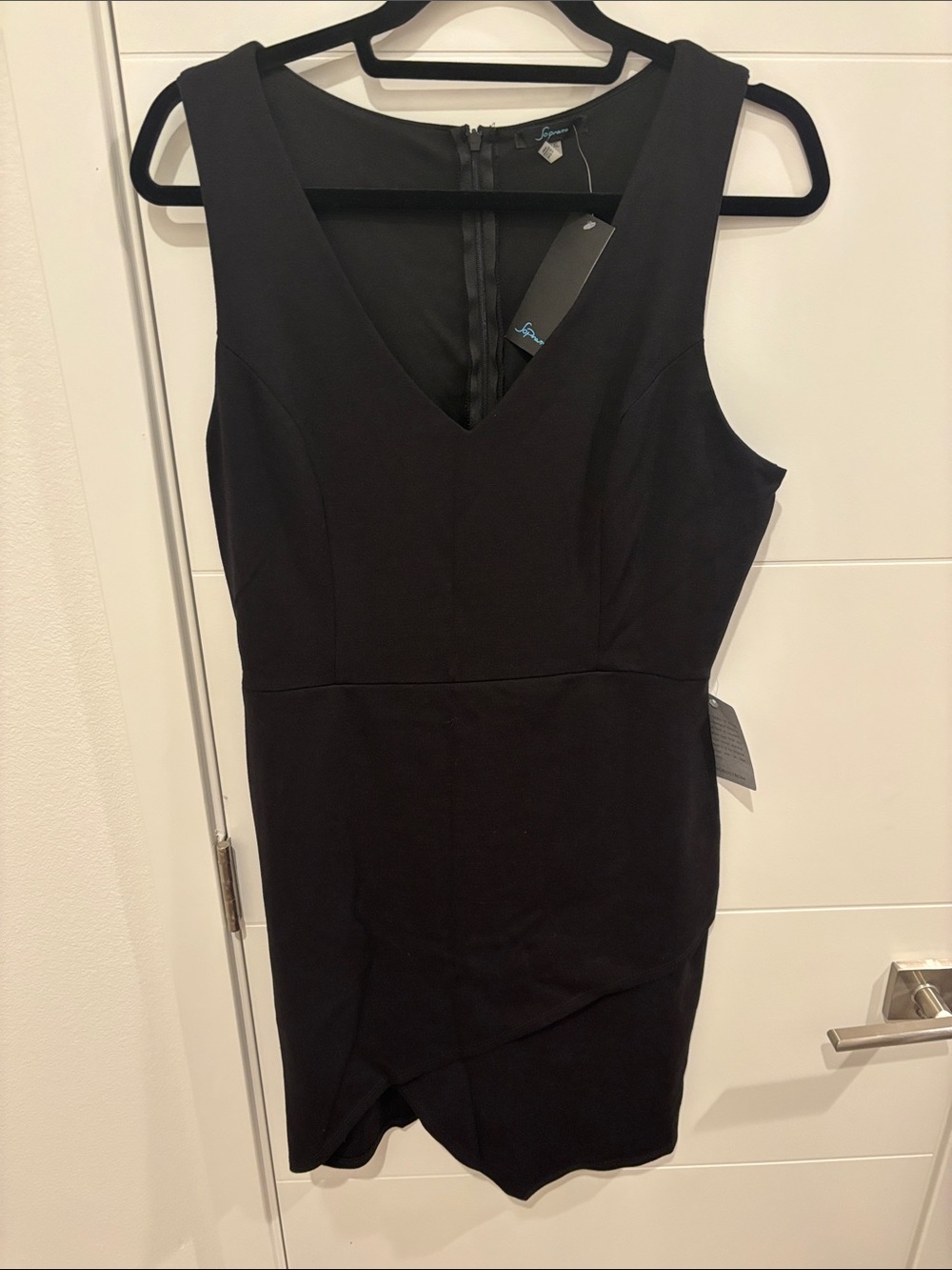 Soprano Black Asymmetrical V-Neck Sheath Dress